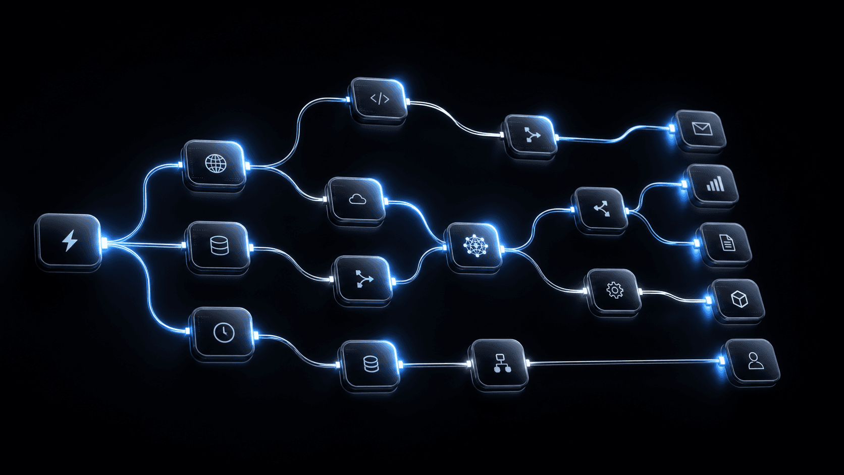 Connected workflow nodes showing the Lightway AI transformation lifecycle from discovery through optimization